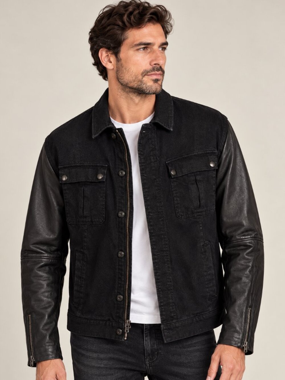 John Varvatos Leather Sleeve Star U.S.A. Denim Jacket | Black | Sz XXL